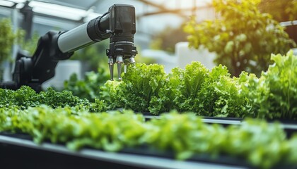 Poster - Image of a robotic arm in a greenhouse, harvesting hydroponic lettuce, demonstrating the use of smart farming technologies for sustainable agriculture