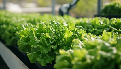 Poster - Image of a robotic arm in a greenhouse, harvesting hydroponic lettuce, demonstrating the use of smart farming technologies for sustainable agriculture