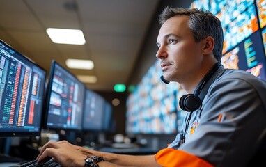 Image of an IT Technical Support Specialist engaged in intercom announcements while managing a desktop computer in a control room with large server data displays