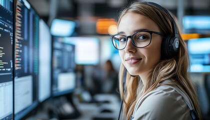 Leinwandbilder - IT Technical Support Specialist operating in a control room, making intercom announcements and working on a desktop with large screens showing critical server data