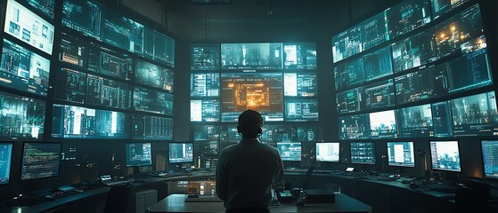 Poster - A busy monitoring control room where an IT Technical Support Specialist makes an intercom announcement, surrounded by large screens showing realtime server information