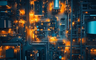 Poster - Aerial view of a sprawling industrial hub, digital network lines crisscrossing, demonstrating the importance of connectivity in today s industrial advancements