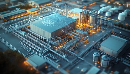 Poster - Sophisticated industrial complex from an aerial perspective, overlaid with futuristic communication networks, highlighting connectivity in todays advanced industries