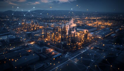 Poster - Sophisticated industrial complex from an aerial perspective, overlaid with futuristic communication networks, highlighting connectivity in todays advanced industries