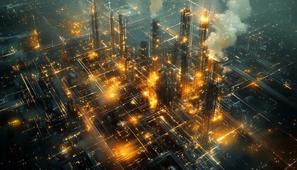 Poster - Sophisticated industrial complex from an aerial perspective, overlaid with futuristic communication networks, highlighting connectivity in todays advanced industries