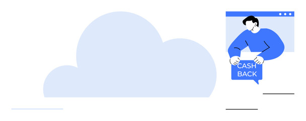 Cloud shape with a person holding a cashback sign in blue. Ideal for finance, e-commerce, digital marketing, promotions, cloud storage. Clean and modern style