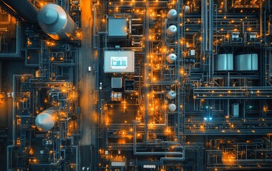 Poster - Topdown view of a hightech industrial park, paired with bright network graphics, symbolizing the role of communication and connectivity in modern industries