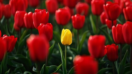 One yellow tulip between red tulips in the garden