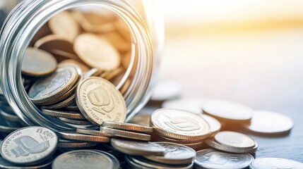 Jar of coins spilled on a wooden surface.