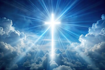 Symmetrical radiant light shining from cross in sky symbolizing faith and hope