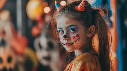 Side angle of a girl dressed as a playful monster, with colorful face paint and small horns on her headband. The background is a blurred, decorated Halloween wall