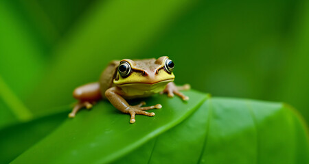 Wall Mural - a close-up photo of an Australian frog perched on a vibrant green leaf in its natural habitat