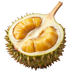 Wall Mural - Fresh durian fruit half showing yellow flesh isolated on transparent background