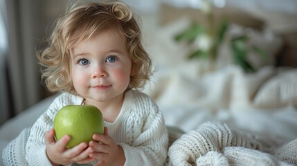 adorable Caucasian toddler smiling and holding fresh green apple at home