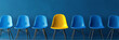 © ki - Highlighting Talent: A Yellow Chair Stands Prominently Among Blue Chairs, Emphasizing the Concept of Talent Selection in a Business Setting, 3D Rendered on a Blue Background.