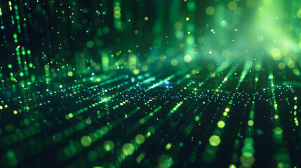 Digital binary code data streaming on a dark, greenish abstract background, reflecting the concept of technology