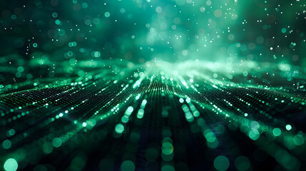 Digital binary code data streaming on a dark, greenish abstract background, reflecting the concept of technology