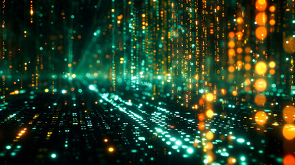 Digital binary code data streaming on a dark, greenish abstract background, reflecting the concept of technology