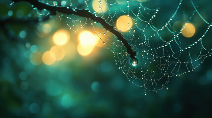 Beautiful raindrops on spider's web trapped on a branch. drops of dew on spider web and tree branches with natural sun light shining through 