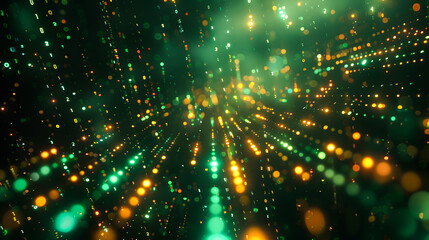 Digital binary code data streaming on a dark, greenish abstract background, reflecting the concept of technology