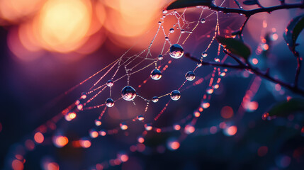 Beautiful raindrops on spider's web trapped on a branch. drops of dew on spider web and tree branches with natural sun light shining through 