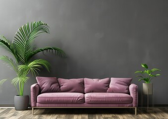 A minimalist living room interior with a pink sofa, two potted plants, and a grey wall