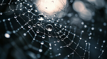 Beautiful raindrops on spider's web trapped on a branch. drops of dew on spider web and tree branches with natural sun light shining through 