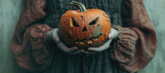 person holds carved pumpkin with spooky face, showcasing essence of Halloween. pumpkins texture and persons vintage attire create mysterious atmosphere