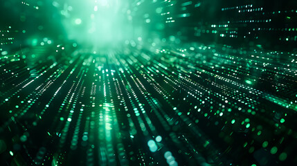 Digital binary code data streaming on a dark, greenish abstract background, reflecting the concept of technology
