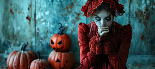 woman in red dress sits pensively among carved pumpkins, evoking haunting Halloween atmosphere. Her expression reflects mix of melancholy and contemplation