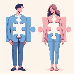 A detailed vector illustration of a man and woman standing side by side, designed as two puzzle pieces that interlock and complete each other. 