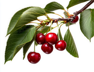 a branch of a cherry tree with ripe red cherries and green leaves isolated on a white background.