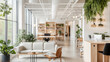 © VERTEX SPACE - A modern office interior featuring cozy seating area with plants, wooden furniture, and bright natural light. space is designed for productivity and comfort, creating welcoming atmosphere