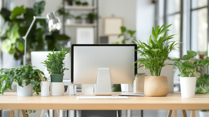 Sticker - A modern office workspace featuring computer surrounded by various indoor plants, creating refreshing and vibrant atmosphere. greenery enhances aesthetic appeal and promotes sense of well being