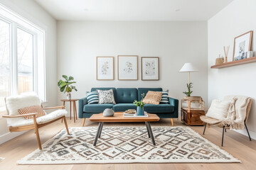 Poster - A cozy living room featuring teal sofa, stylish armchairs, and decorative rug. space is brightened by natural light, creating warm and inviting atmosphere