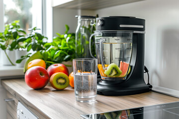  Contemporary kitchen countertop with blender, fresh fruits, and water glass