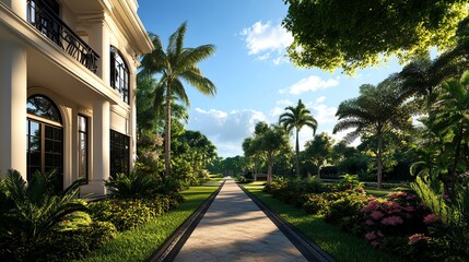 Luxury mansion with lush tropical landscaping and a paved pathway.