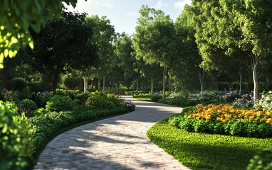 A winding stone path leads through a lush green garden with vibrant flowers and tall trees.