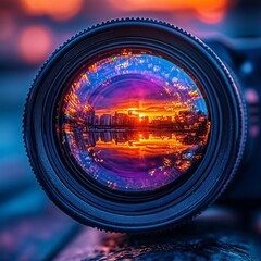 Wall Mural - A camera lens captures a stunning sunset over a city skyline reflected in water.