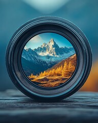 Canvas Print - A camera lens frames a majestic mountain range, showcasing a breathtaking view of snow-capped peaks and golden autumn foliage.