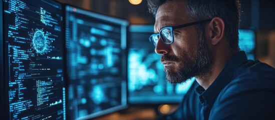 A concentrated programmer or IT specialist wearing glasses, working late in a dark office. He is focused on the glowing screen in front of him