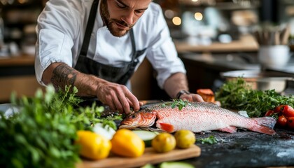 Poster - A chef prepares a fresh fish for cooking in a restaurant kitchen.