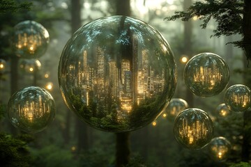 Poster - A city encased in a bubble floating in a forest, representing nature and urban development.