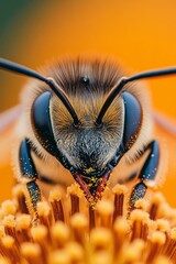 Canvas Print - A close-up of a bee collecting pollen from a flower.