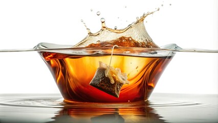 Wall Mural - Tea wave splashing with tea bag isolated on white Extreme Close-Up