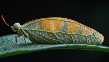 Wall Mural - A close-up of a butterfly with translucent wings resembling a leaf, perched on a green leaf against a black background.