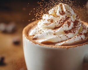 Sticker - A close-up of a cup of hot chocolate with whipped cream and cocoa powder sprinkled on top.