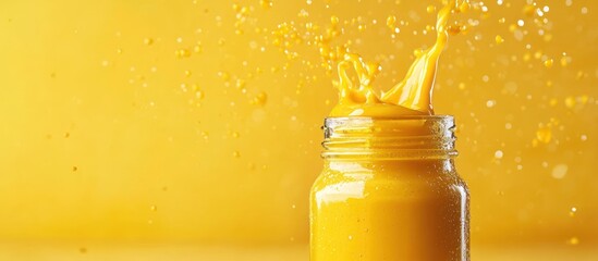 Wall Mural - A glass jar filled with yellow liquid with a splash of the liquid coming out of the jar, against a yellow background.