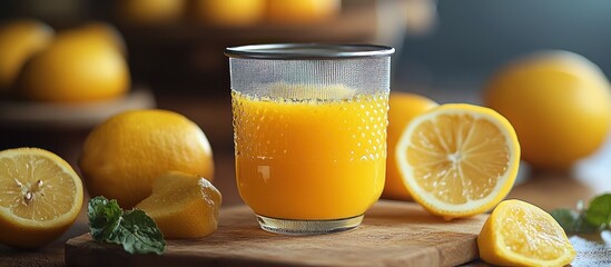 Poster - A glass of fresh lemon juice with lemons and mint leaves on a wooden cutting board.