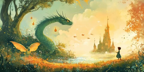 A girl gazes at a castle and a dragon.